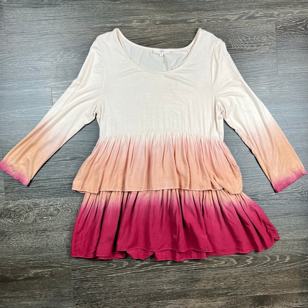 Entro Ombre Dip Dye Babydoll Dress Small Pink Peach Long Sleeve Tiered Boho Soft